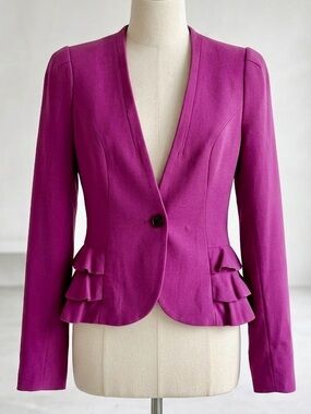 H&M| Magenta Single-Button Ruffle Hem Puffed Sleeve Feminine Blazer Sz 4
